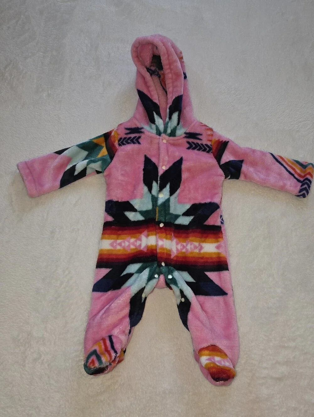 Baby Hooded Fleece Bunting Sleeper Pink Aztec Print Footed Size: 6M-9M
